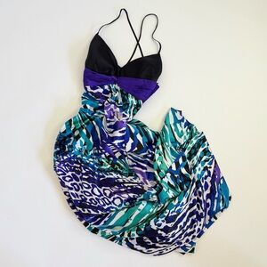 Cache Black and Purple Maxi Dress with Blue-Green Animal Print